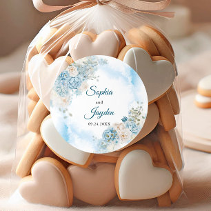 Adesivo Redondo Casamento de Flores de Rosa de Ice Azul-marfim