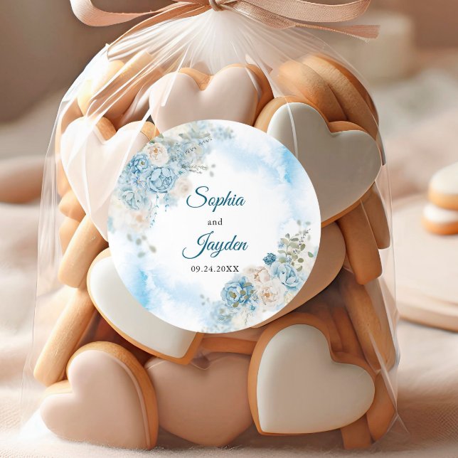 Adesivo Redondo Casamento de Flores de Rosa de Ice Azul-marfim (Criador carregado)