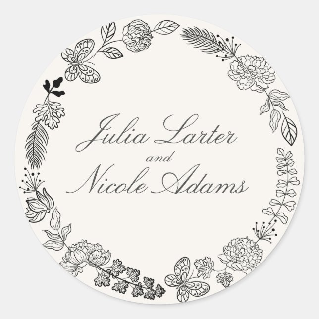 Adesivo Redondo Casamento de Flores Primavera Amarelas Teais Roxas (Frente)