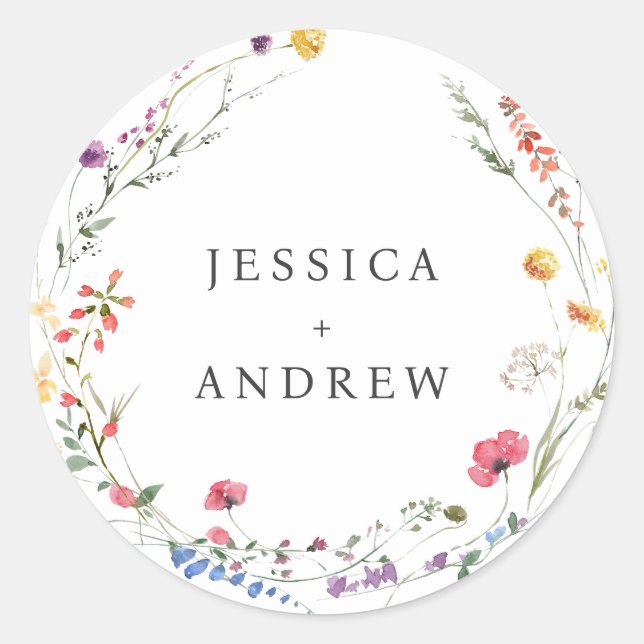 Adesivo Redondo Casamento de Flores Selvagens de Aquarelas Elegant (Frente)