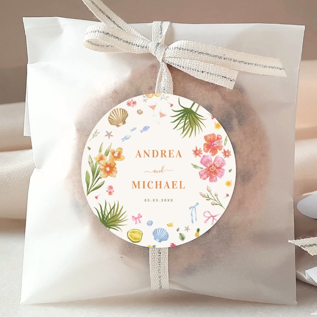 Adesivo Redondo Casamento de Flores Tropicais De Mão Desenhada (Criador carregado)