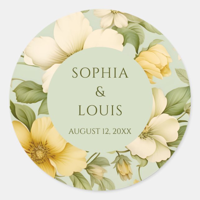 Adesivo Redondo Casamento de flores verdes e beges macios (Frente)