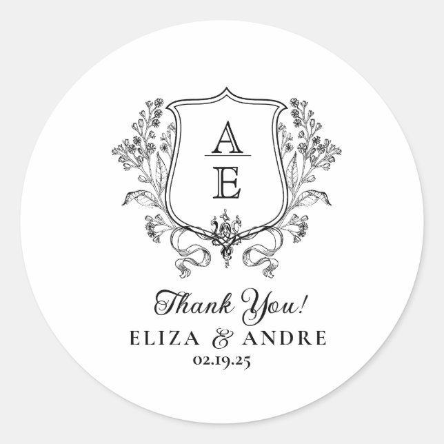 Adesivo Redondo Casamento de Folha de Folha do Monograma Branco e  (Frente)