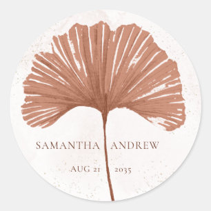 Adesivo Redondo Casamento de Folha de Ginkgo em Aquarela Terracota
