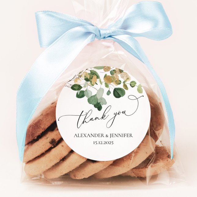 Adesivo Redondo Casamento de folha de ouro Elegante Eucalyptus Gre (Criador carregado)