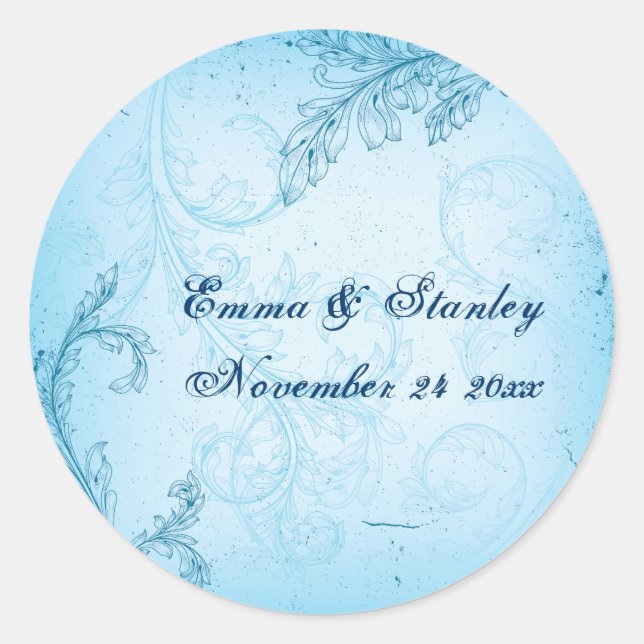 Adesivo Redondo Casamento de folha de rolagem azul-turquesa de vin (Frente)