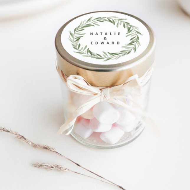 Adesivo Redondo Casamento de folhagem de oliveira moderna (Criador carregado)