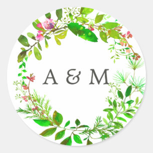Adesivo Redondo Casamento de Folhagem de Primavera de Aquarela