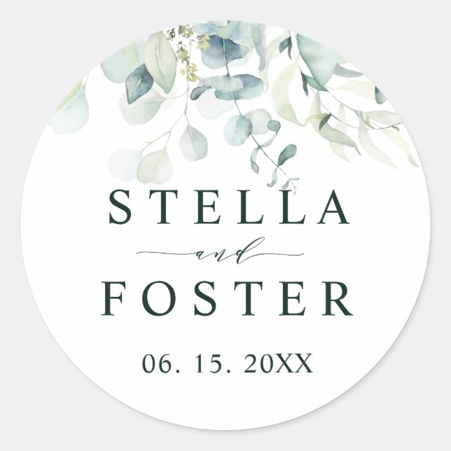 Adesivo Redondo Casamento de Folhagem Verde Elegante (Frente)