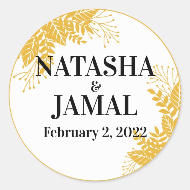 Adesivo Redondo Casamento de Folhas Amarelas de Mostarda Elegante (Frente)