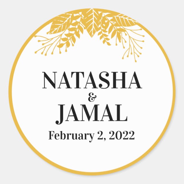 Adesivo Redondo Casamento de Folhas Amarelas de Mostarda Elegante (Frente)