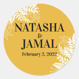 Adesivo Redondo Casamento de Folhas Amarelas de Mostarda Elegante