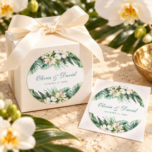 Adesivo Redondo Casamento de Folhas Tropicais e Flores Brancas