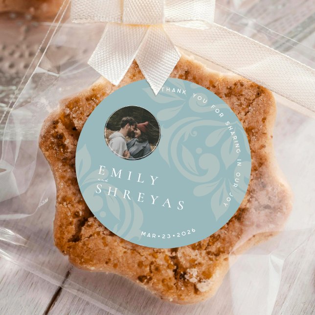 Adesivo Redondo Casamento de Foto Clássico Elegante Pewter Blue Da (Criador carregado)