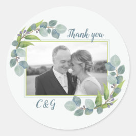 Adesivo Redondo Casamento de Foto Eucalyptus Obrigado