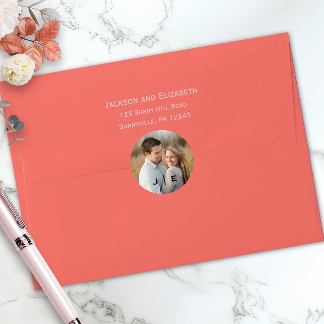 Adesivo Redondo Casamento de Fotografia do Monograma Moderno (Modern monogram wedding photo round sticker)