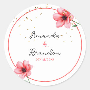 Adesivo Redondo Casamento de Frame de Confetti Floral Rosa-Blush C
