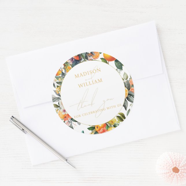 Adesivo Redondo Casamento de Fruta Laranja Personalizado Obrigado (Envelope)