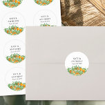 Adesivo Redondo Casamento de Frutas de Citros Laranja Blossom<br><div class="desc">Vinhetas de casamentos de flores silvestres para usar como selantes de envelopes de convite, adesivos de favoritos, cupcakes, etc. Design apresenta laranjas, flor de laranja, verde e folhagem pendurada num fundo neutro. Fresco, zestidade, design natural para complementar um casamento de primavera ou verão com um tema de casamento de fruta...</div>