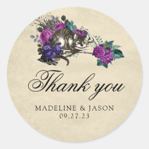 Adesivo Redondo Casamento de Gato Floral Púrpura Escuro Vintage Ob