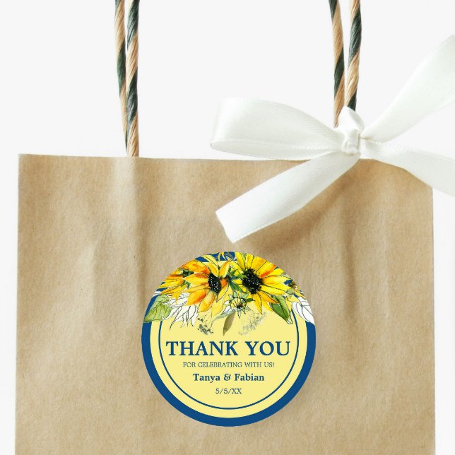 Adesivo Redondo Casamento de Girassol Azul (Criador carregado)