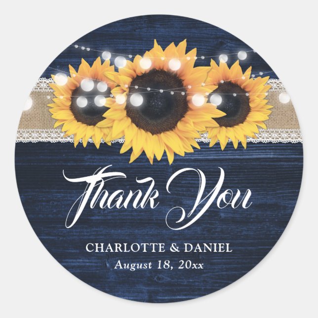 Adesivo Redondo Casamento de Girassol de Renda de Sarjapilhé Azul  (Frente)