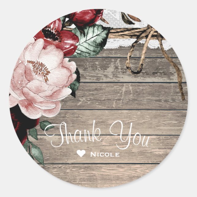 Adesivo Redondo Casamento de Glam Floral Rustic Wood & Lace Barn (Frente)