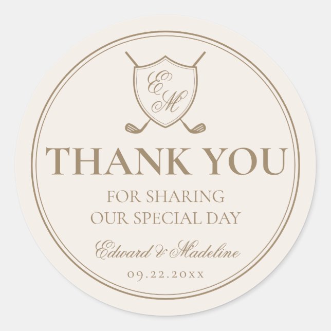 Adesivo Redondo Casamento de Golfe do Monograma de Crest Clássico  (Frente)