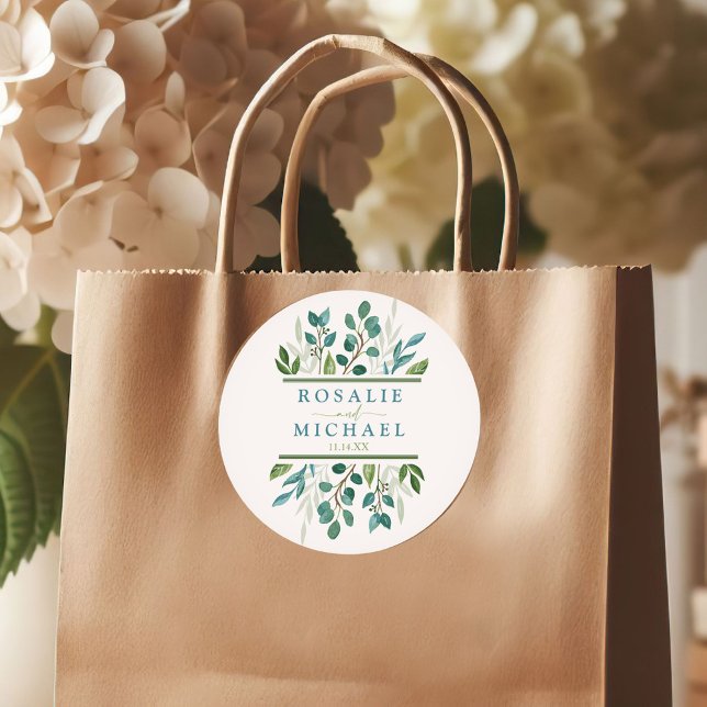 Adesivo Redondo Casamento de Greenery Botânico (Botanical Greenery Custom Wedding Round or Square Sticker)