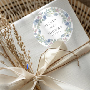Adesivo Redondo Casamento de Grinalda Floral Azul Boho