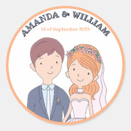 Adesivo Redondo Casamento de Ilustração Simples e De Cartoon-Iike