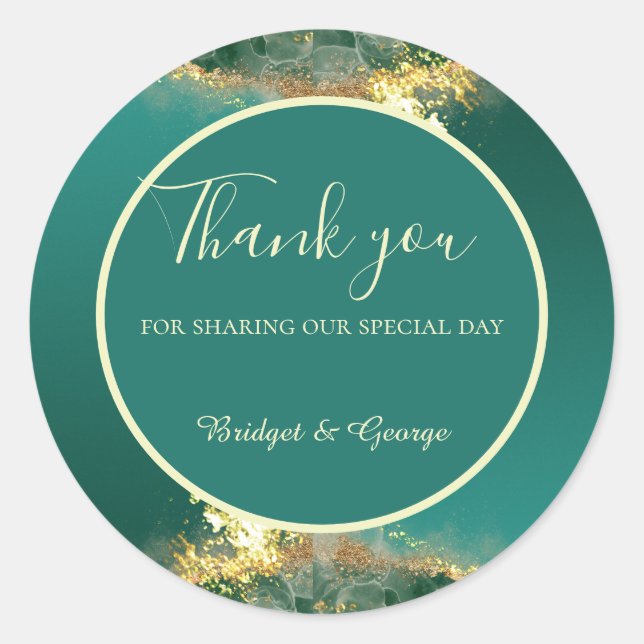 Adesivo Redondo Casamento de joias de ouro verde-esmeralda (Frente)