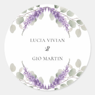 Adesivo Redondo Casamento de Lavanda Violeta com Greenery Eucalypt
