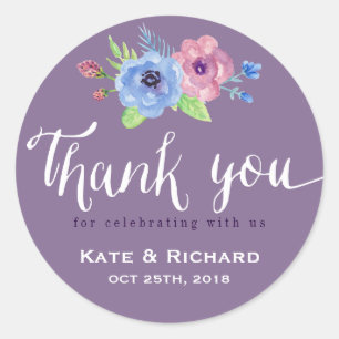 Adesivo Redondo Casamento De Letras Roxas Obrigado Vinheta Floral