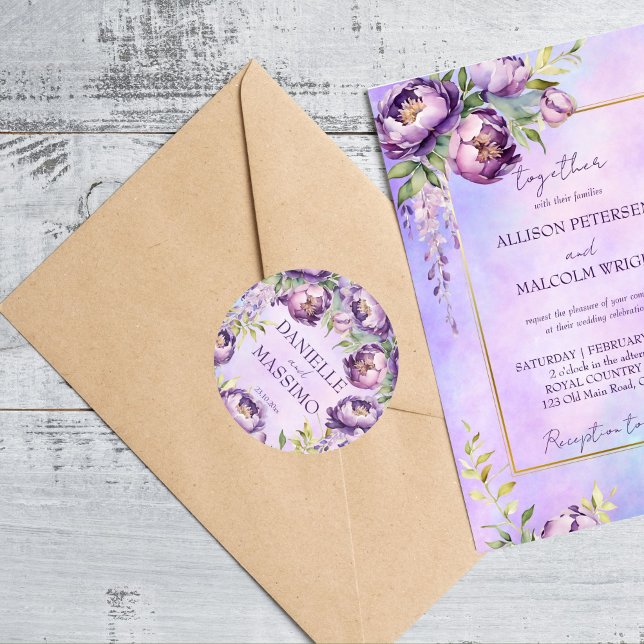 Adesivo Redondo Casamento de lilac wisteria de púrpura Elegante (Elegant purple peonies lilac wisteria wedding classic round sticker)
