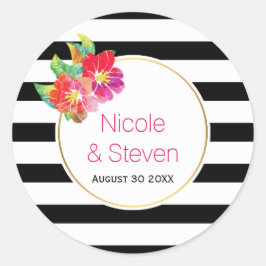 Adesivo Redondo Casamento de listras brancas pretas e flores aquát