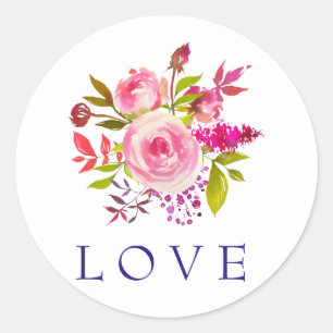 Adesivo Redondo Casamento de LOVE Floral PInk Watercolor