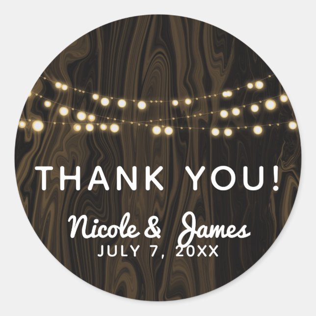 Adesivo Redondo Casamento de Luzes de Corda de Madeira Marrom-russ (Frente)