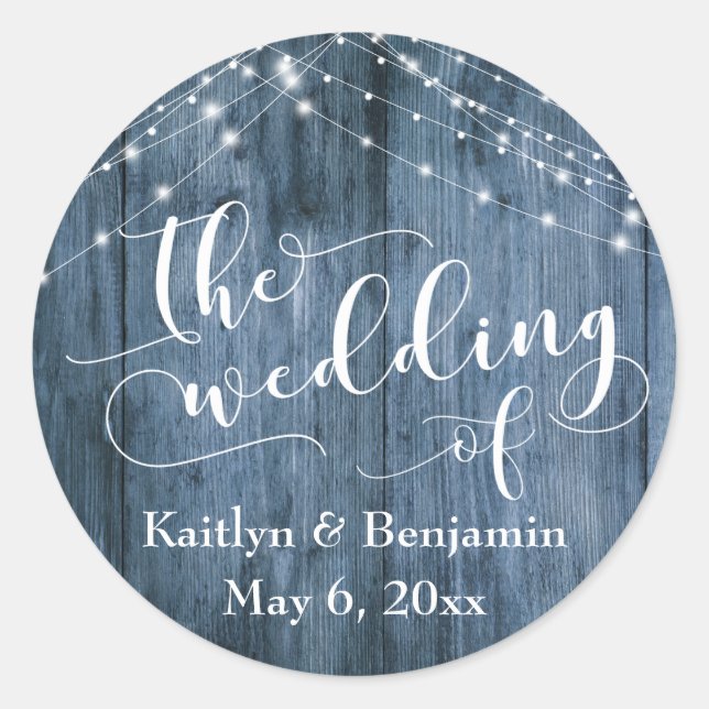 Adesivo Redondo Casamento de Madeira Azul Rústica e Cordas Claras  (Frente)