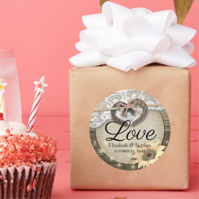 Adesivo Redondo Casamento De Madeira De Girassol De Ferradura Obri (Festa)