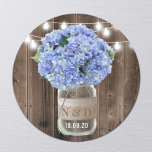 Adesivo Redondo Casamento de Madeira Rústica com Jar Rústica Blue<br><div class="desc">Blue Hydrangea Floral Jar Rustic Wood Stickers</div>