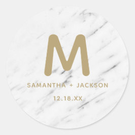 Adesivo Redondo Casamento de Mármaco Branco Elegante e Monograma d