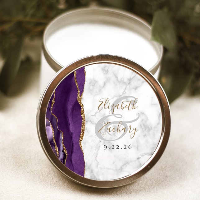 Adesivo Redondo Casamento de Mármore Roxo Ágata Dourado Script (Criador carregado)