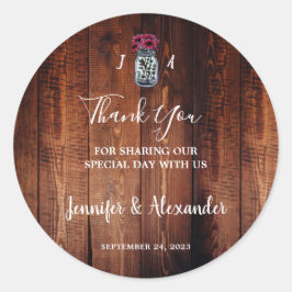 Adesivo Redondo Casamento de mason jar monograma de madeira