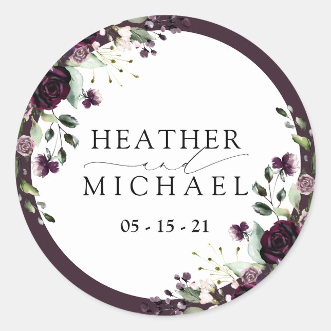 Adesivo Redondo Casamento De Molas Florais De Molas De Plum Purple (Frente)
