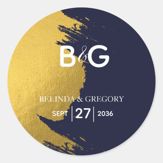 Adesivo Redondo Casamento de Monograma Azul com Marinho Dourado Fa (Frente)