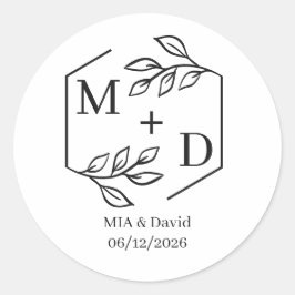 Adesivo Redondo Casamento de Monograma Botânico Minimalista