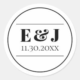 Adesivo Redondo Casamento de Monograma Branco e Preto Minimalista