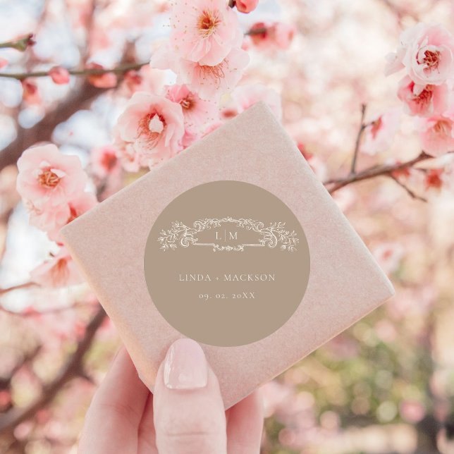 Adesivo Redondo Casamento de monograma da crista botânica Elegante (Criador carregado)