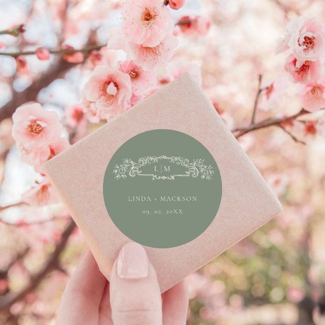 Adesivo Redondo Casamento de monograma da crista botânica verde Sa (Criador carregado)